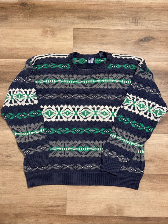 GAP Other - Vtg GAP Fair Isle Chunky Knit Sweater Men's L Blue Green 100% Cotton Crewneck